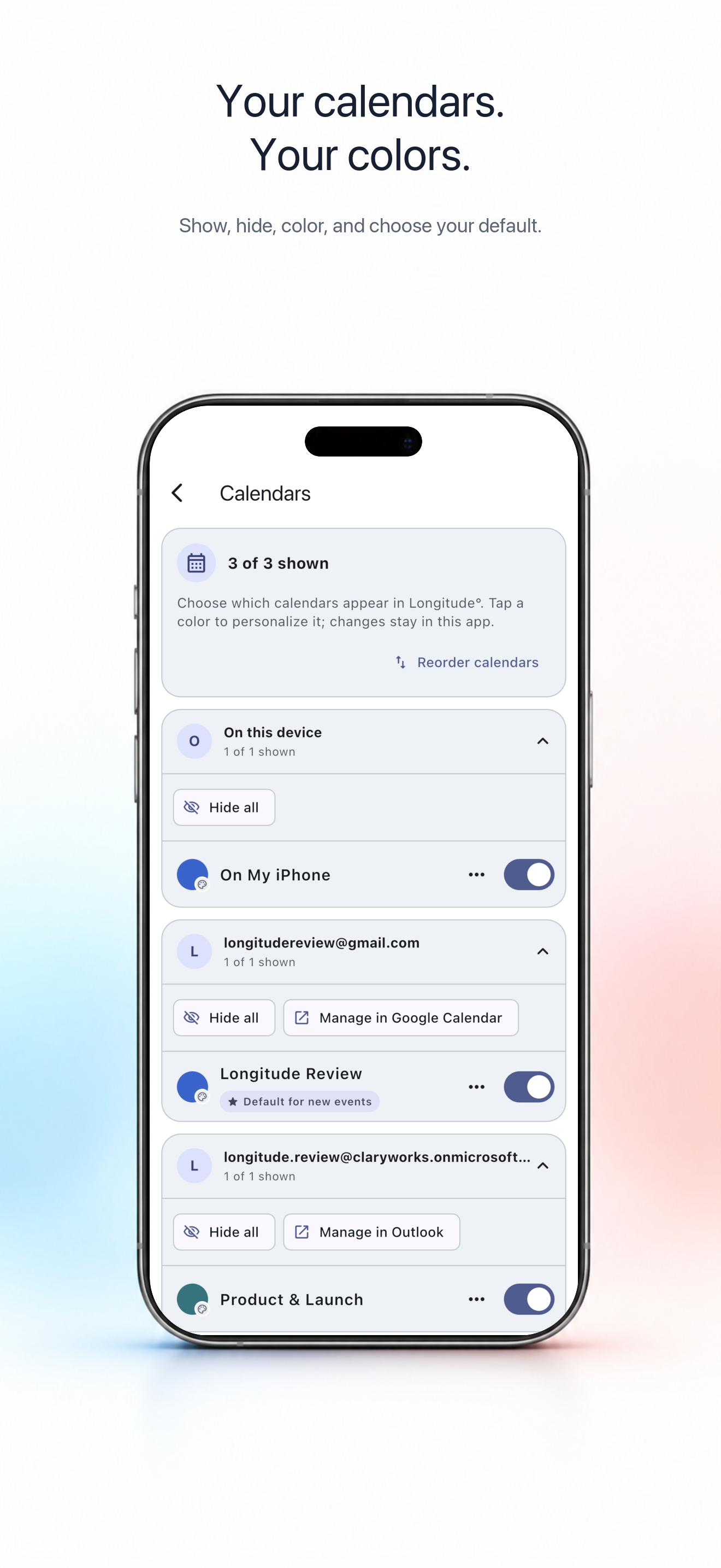 Calendar visibility and color controls on iPhone
